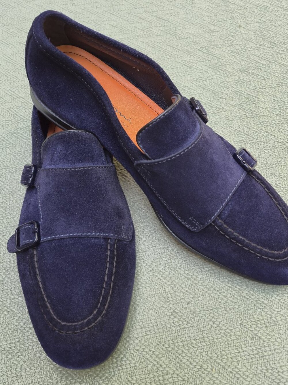 Santoni Goodyear Dong Double Strap Suede Loafers Navy US 9 UK 8 NIB $1100 Italy
